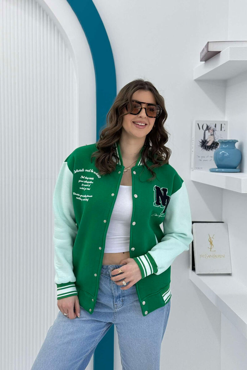 NY LOGO WRITTINGS FLUFFY BOMBER WOMEN JACKET WHITE/GREEN-BAJE - 2