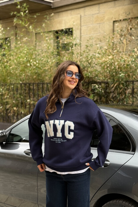 NYC WRITTING FLUFFY ZIPPER NECK WOMEN SWEATSHIRT BLUE/BLU - 2