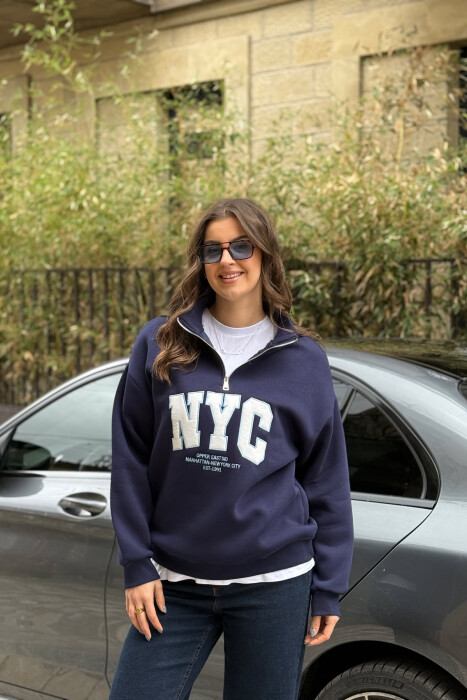 NYC WRITTING FLUFFY ZIPPER NECK WOMEN SWEATSHIRT BLUE/BLU - 3