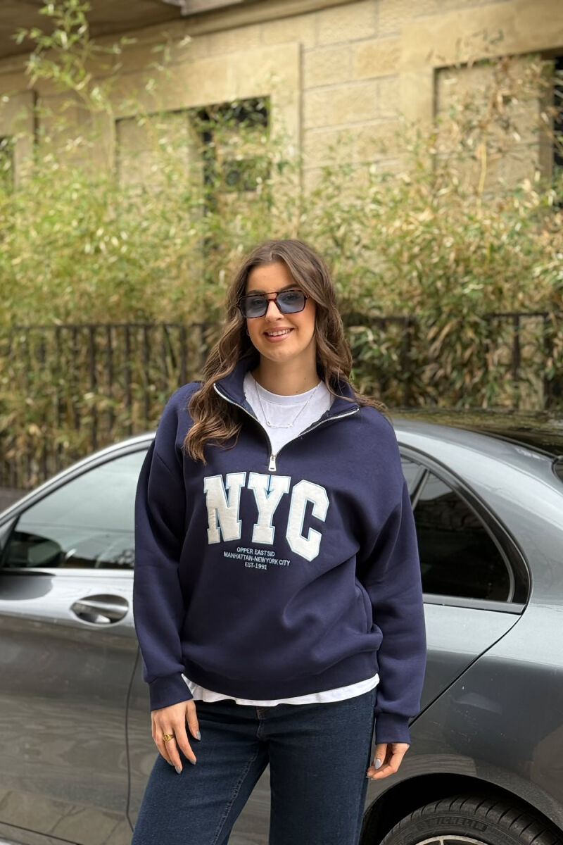 NYC WRITTING FLUFFY ZIPPER NECK WOMEN SWEATSHIRT BLUE/BLU - 3
