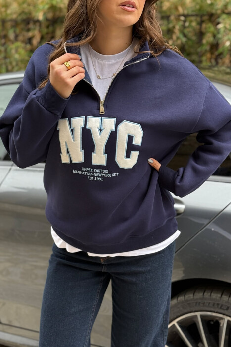NYC WRITTING FLUFFY ZIPPER NECK WOMEN SWEATSHIRT BLUE/BLU - 4