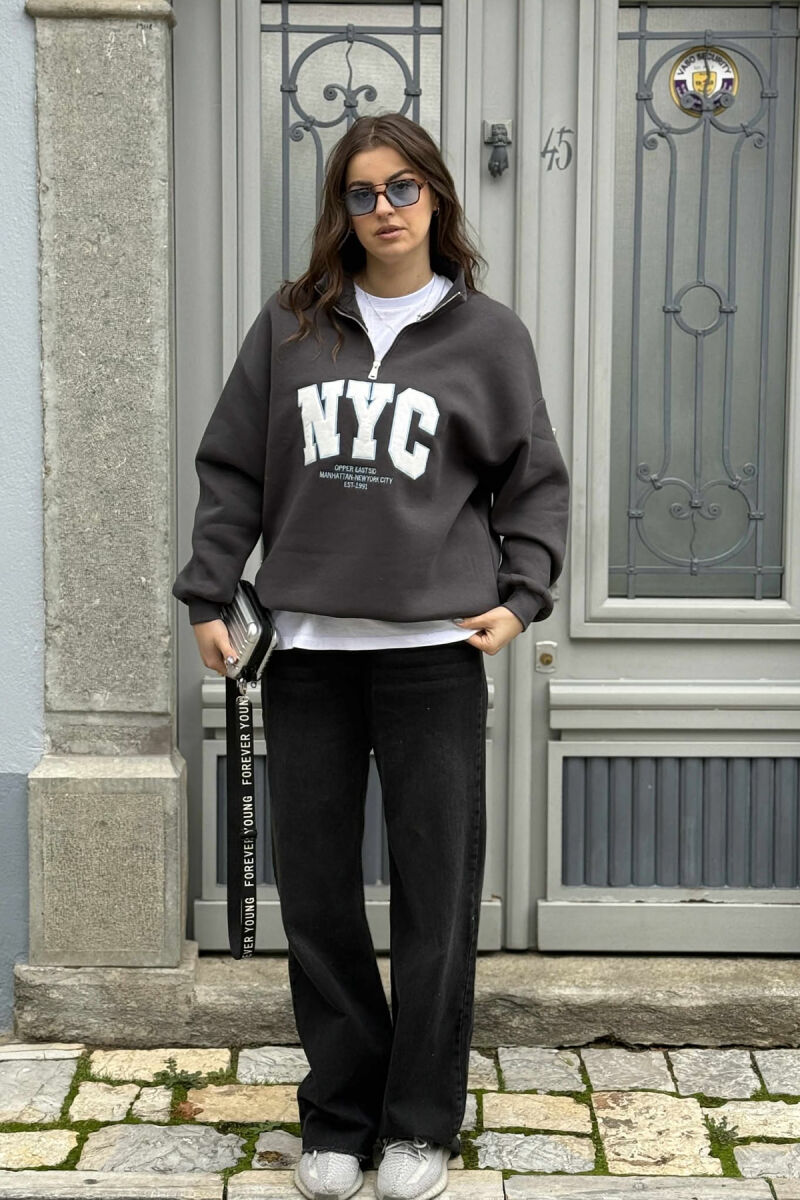 NYC WRITTING FLUFFY ZIPPER NECK WOMEN SWEATSHIRT DARK GREY/GEE - 1