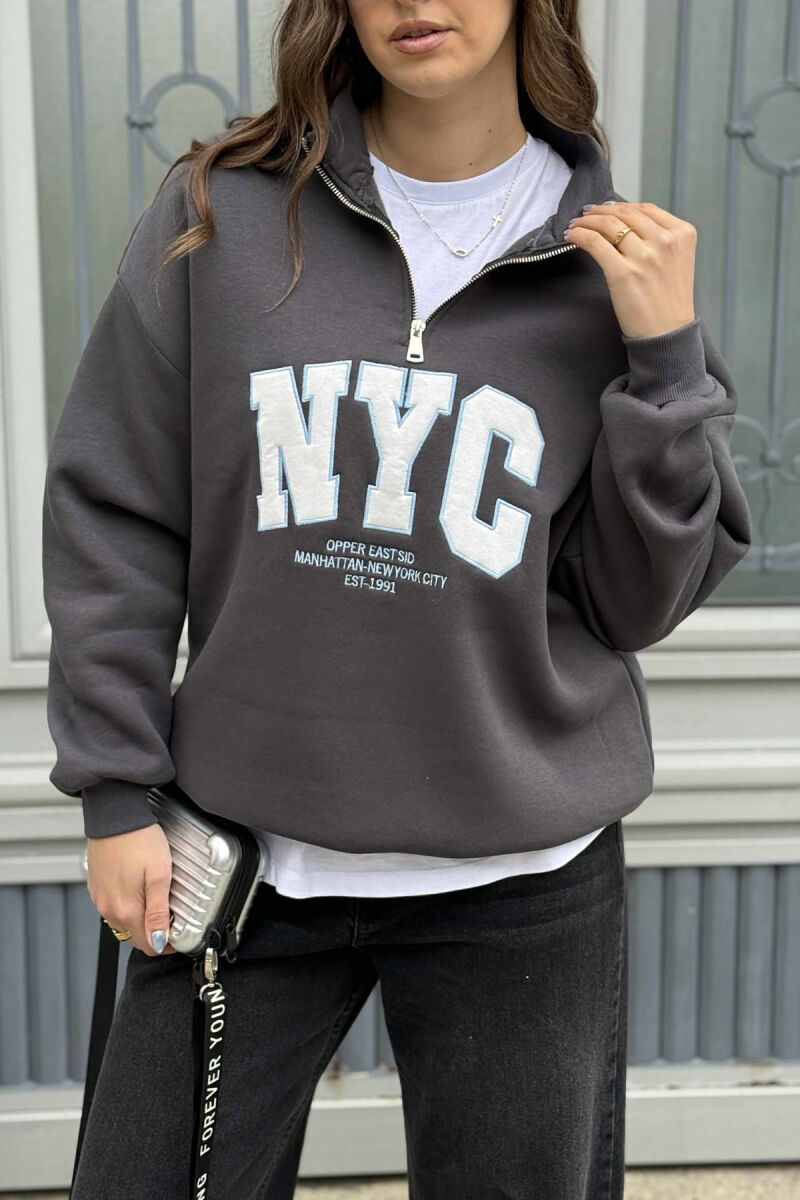 NYC WRITTING FLUFFY ZIPPER NECK WOMEN SWEATSHIRT DARK GREY/GEE - 4