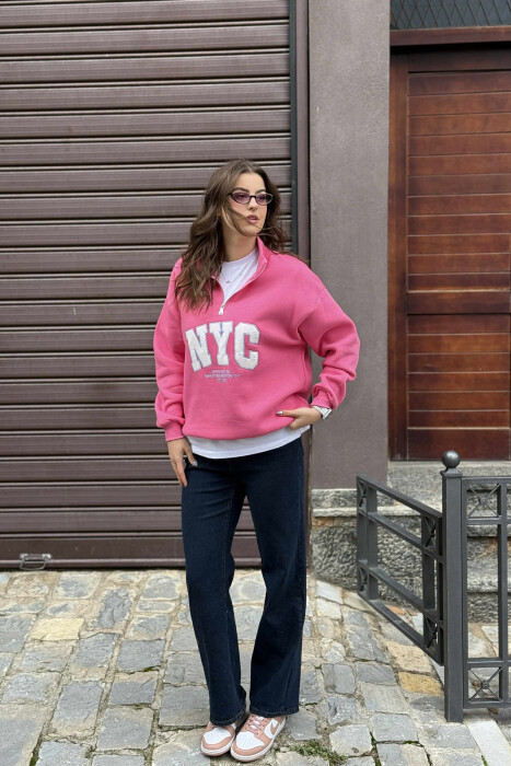 NYC WRITTING FLUFFY ZIPPER NECK WOMEN SWEATSHIRT PINK/ROZE - KLAUDIO FASHION