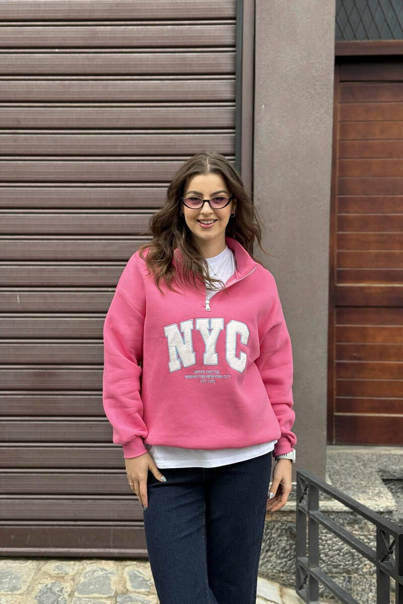NYC WRITTING FLUFFY ZIPPER NECK WOMEN SWEATSHIRT PINK/ROZE - 2