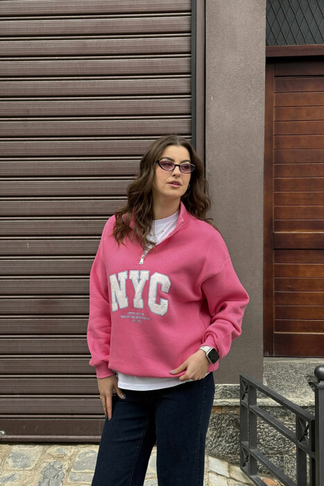 NYC WRITTING FLUFFY ZIPPER NECK WOMEN SWEATSHIRT PINK/ROZE - 3