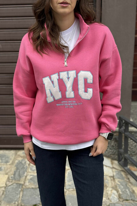 NYC WRITTING FLUFFY ZIPPER NECK WOMEN SWEATSHIRT PINK/ROZE - 4