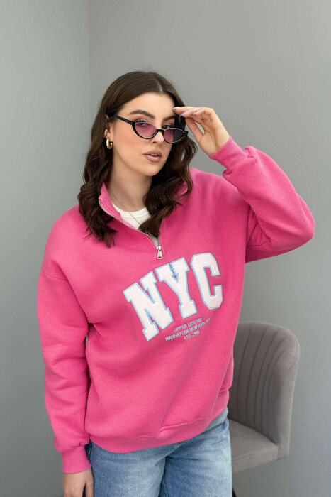 NYC WRITTING FLUFFY WOMEN SWEATSHIRT IN PINK COLOR - 1