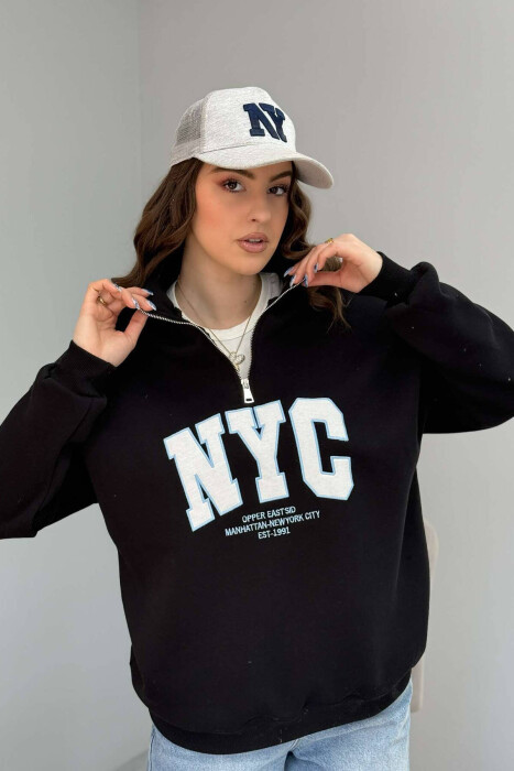 NYC WRITTING FLUFFY ZIPPER NECK WOMEN SWEATSHIRT IN BLACK COLOR 