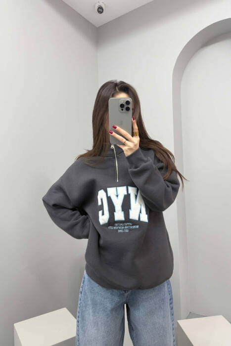 NYC WRITTING FLUFFY ZIPPER NECK WOMEN SWEATSHIRT GREY/GRI 