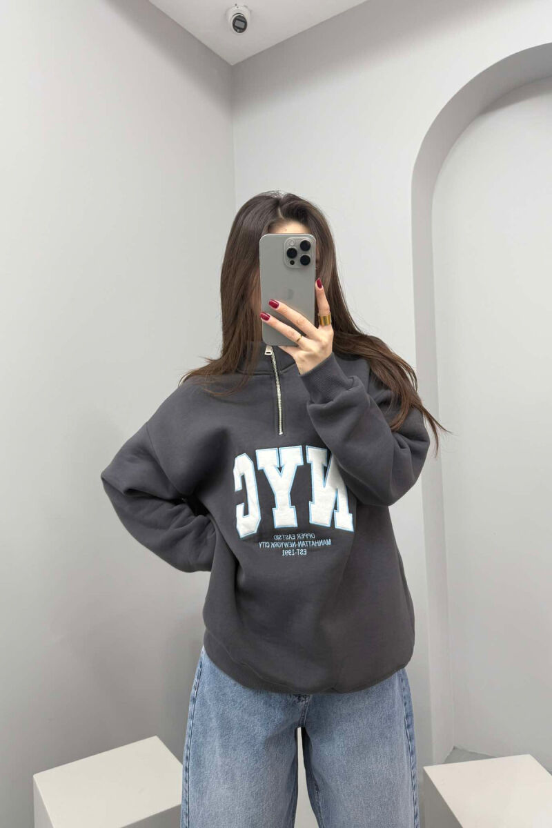 NYC WRITTING FLUFFY ZIPPER NECK WOMEN SWEATSHIRT GREY/GRI - 1