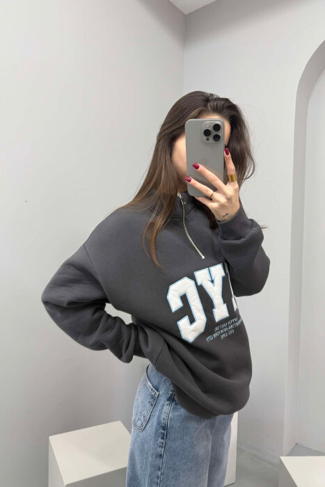 NYC WRITTING FLUFFY ZIPPER NECK WOMEN SWEATSHIRT GREY/GRI - 3