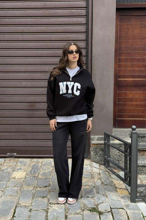 NYC WRITTING FLUFFY ZIPPER NECK WOMEN SWEATSHIRT BLACK/ E ZEZE - KLAUDIO FASHION