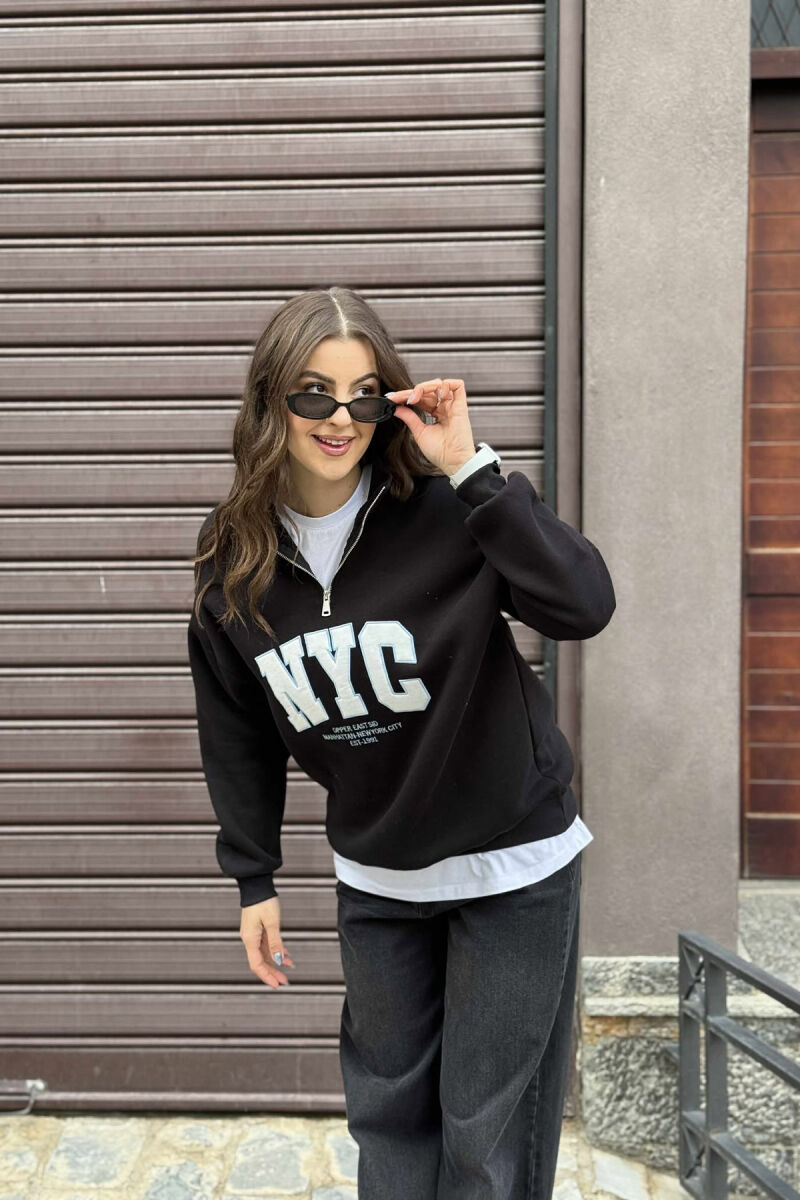 NYC WRITTING FLUFFY ZIPPER NECK WOMEN SWEATSHIRT BLACK/ E ZEZE - 2