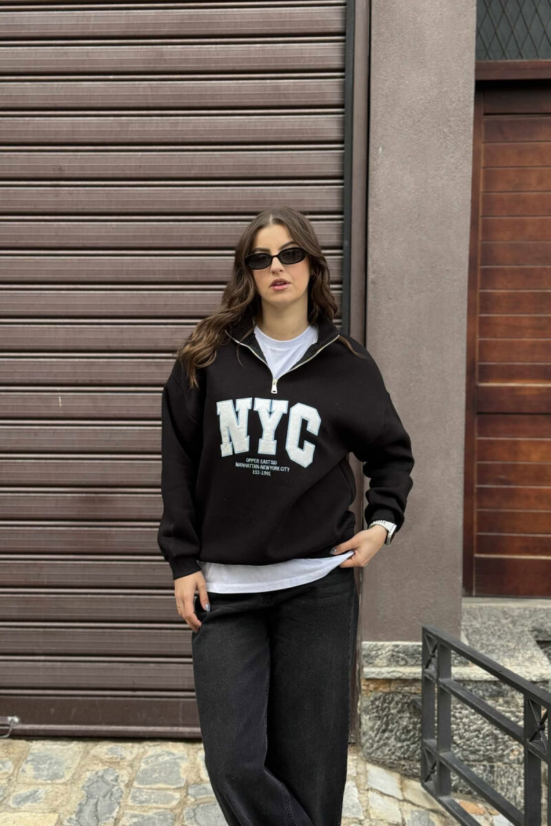 NYC WRITTING FLUFFY ZIPPER NECK WOMEN SWEATSHIRT BLACK/ E ZEZE - 4