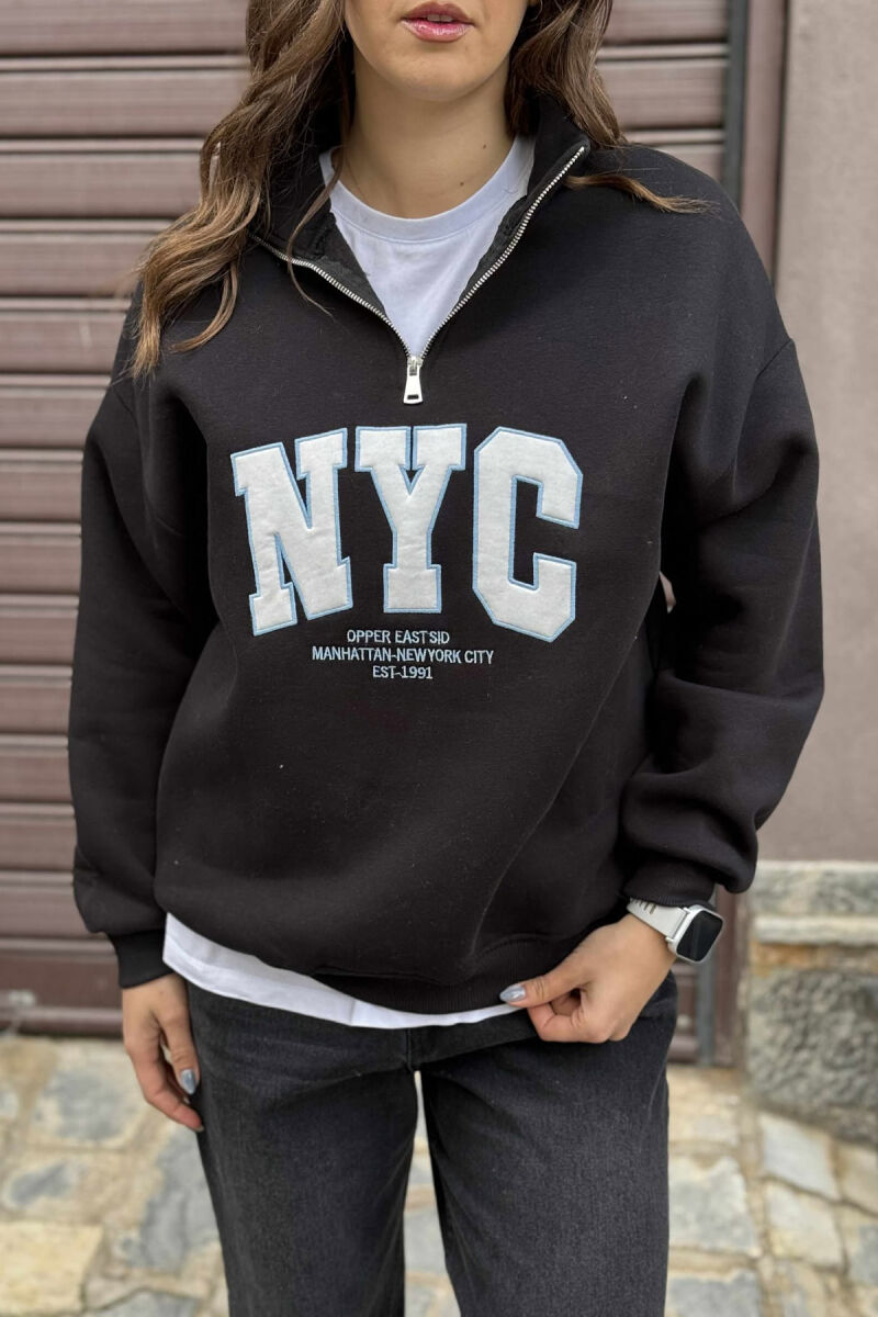 NYC WRITTING FLUFFY ZIPPER NECK WOMEN SWEATSHIRT BLACK/ E ZEZE - 5