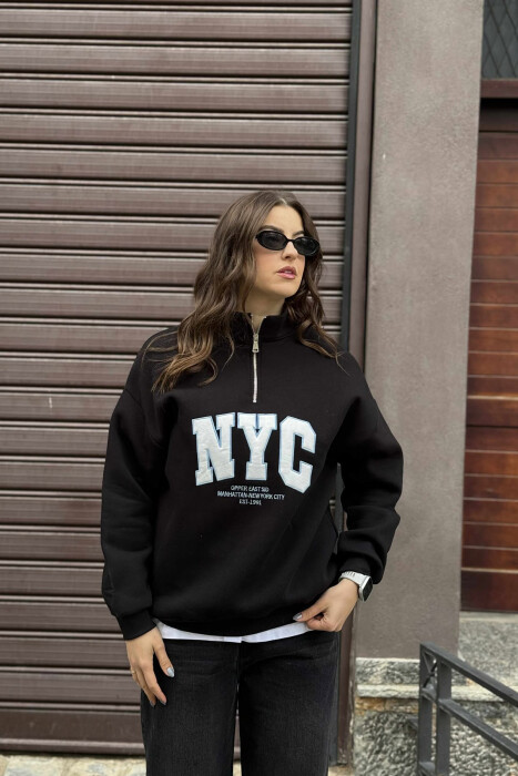 NYC WRITTING FLUFFY ZIPPER NECK WOMEN SWEATSHIRT BLACK/ E ZEZE - 6