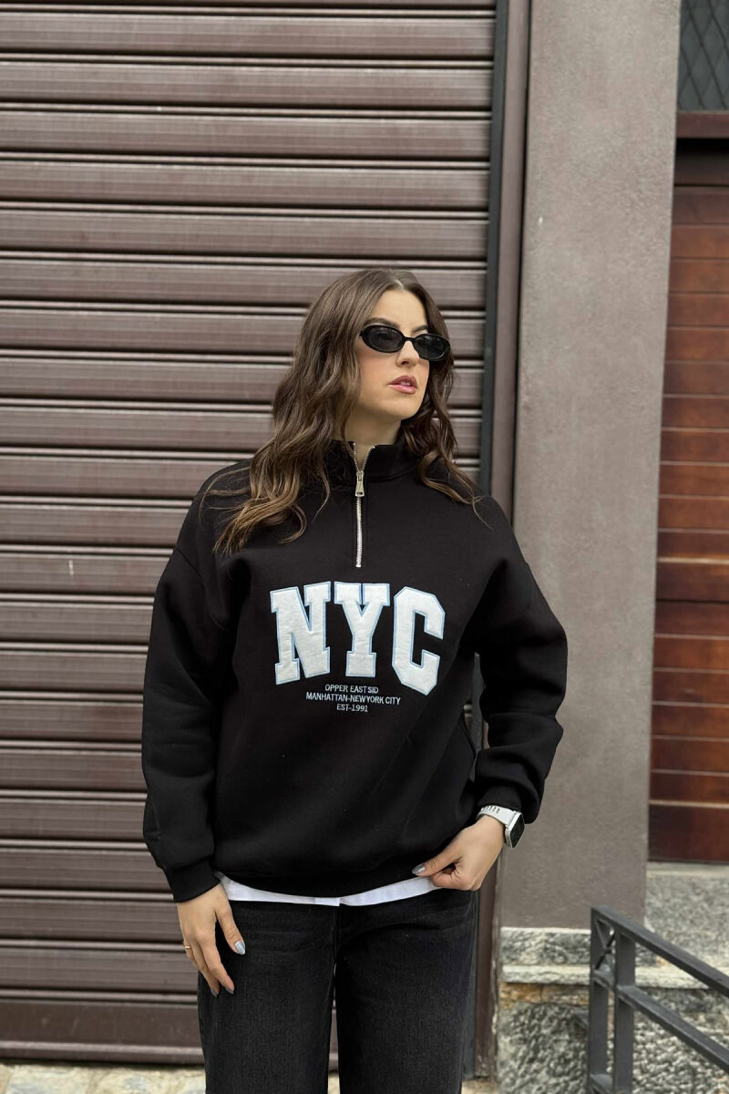 NYC WRITTING FLUFFY ZIPPER NECK WOMEN SWEATSHIRT BLACK/ E ZEZE - 6