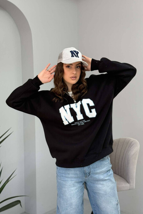 NYC WRITTING FLUFFY ZIPPER NECK WOMEN SWEATSHIRT IN BLACK COLOR - 5