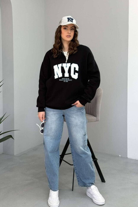 NYC WRITTING FLUFFY ZIPPER NECK WOMEN SWEATSHIRT IN BLACK COLOR - 6