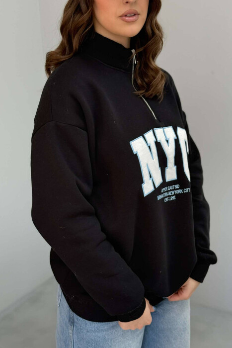 NYC WRITTING FLUFFY ZIPPER NECK WOMEN SWEATSHIRT IN BLACK COLOR - 7