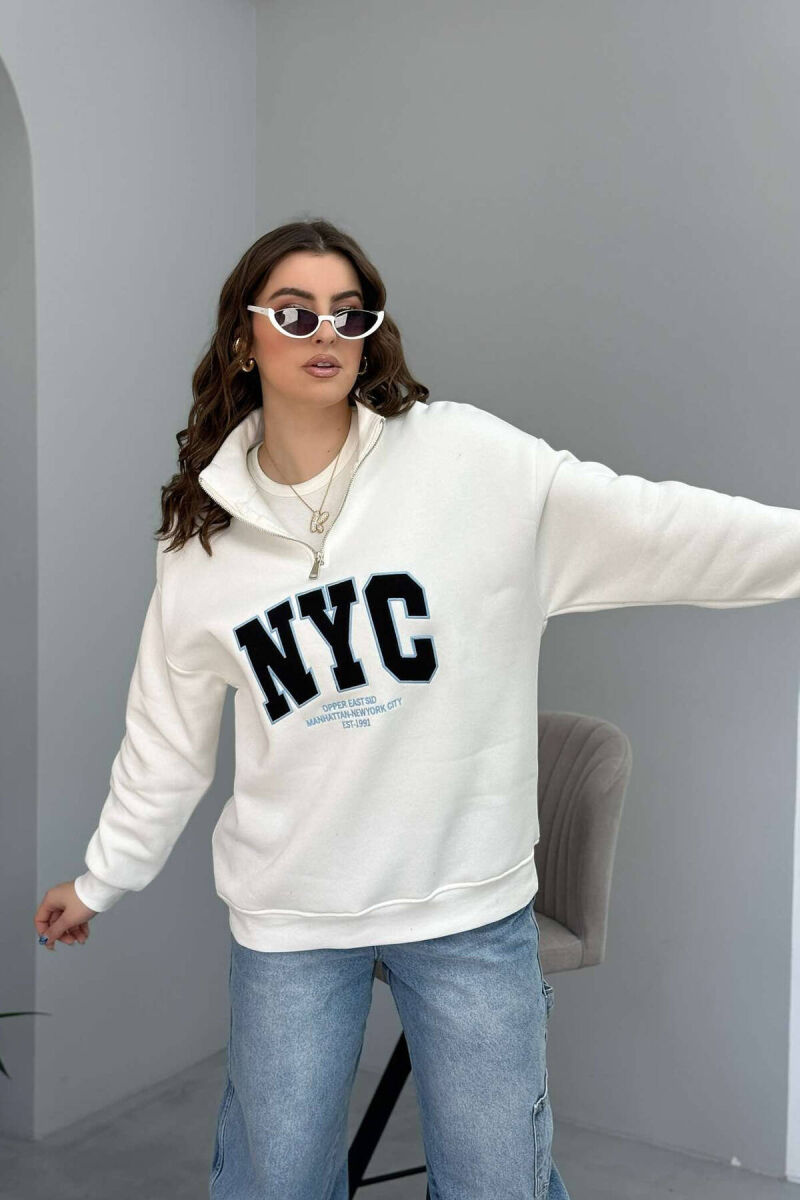 NYC WRITTING FLUFFY ZIPPER NECK WOMEN SWEATSHIRT IN WHITE COLOR - 1