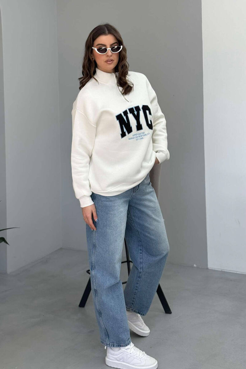 NYC WRITTING FLUFFY ZIPPER NECK WOMEN SWEATSHIRT IN WHITE COLOR - 2