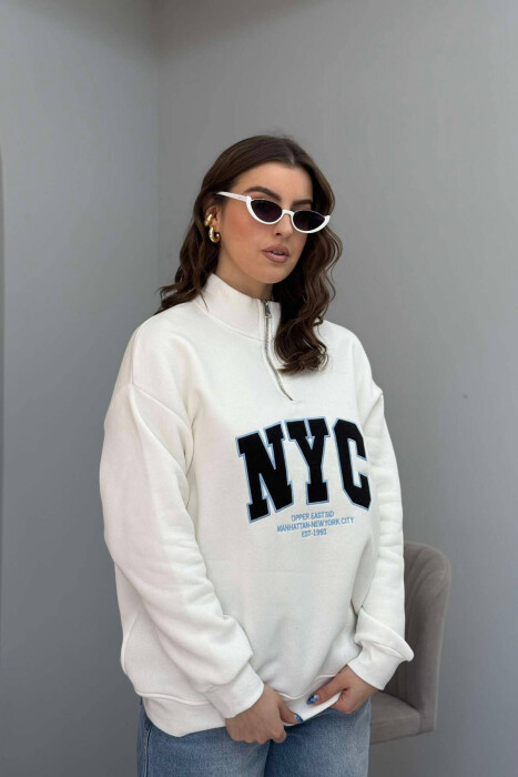 NYC WRITTING FLUFFY ZIPPER NECK WOMEN SWEATSHIRT IN WHITE COLOR - 3