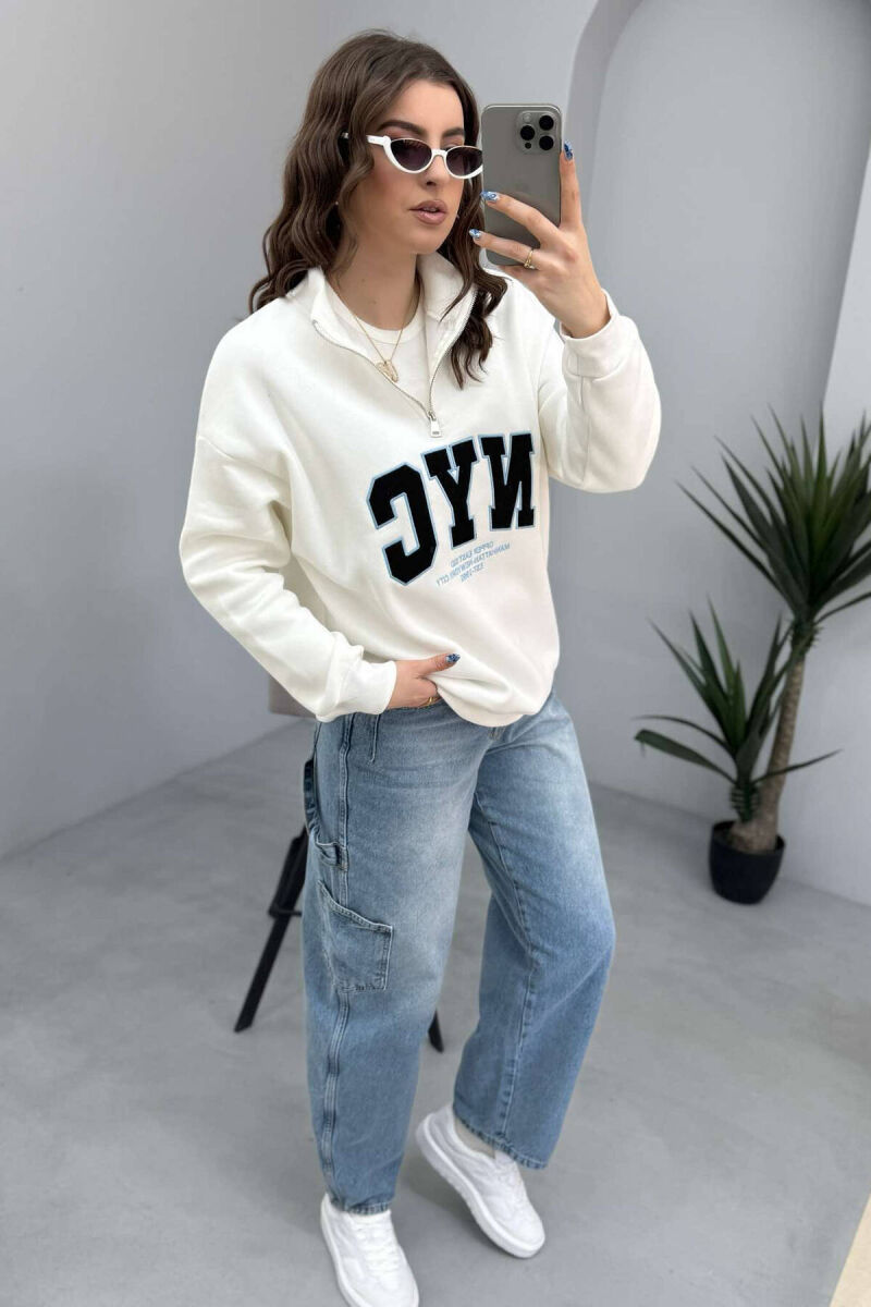 NYC WRITTING FLUFFY ZIPPER NECK WOMEN SWEATSHIRT IN WHITE COLOR - 5