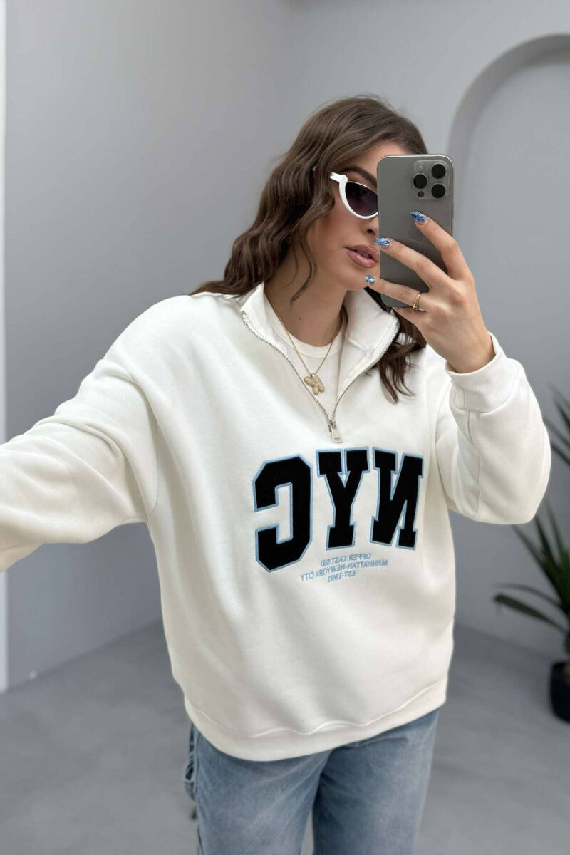 NYC WRITTING FLUFFY ZIPPER NECK WOMEN SWEATSHIRT IN WHITE COLOR - 6