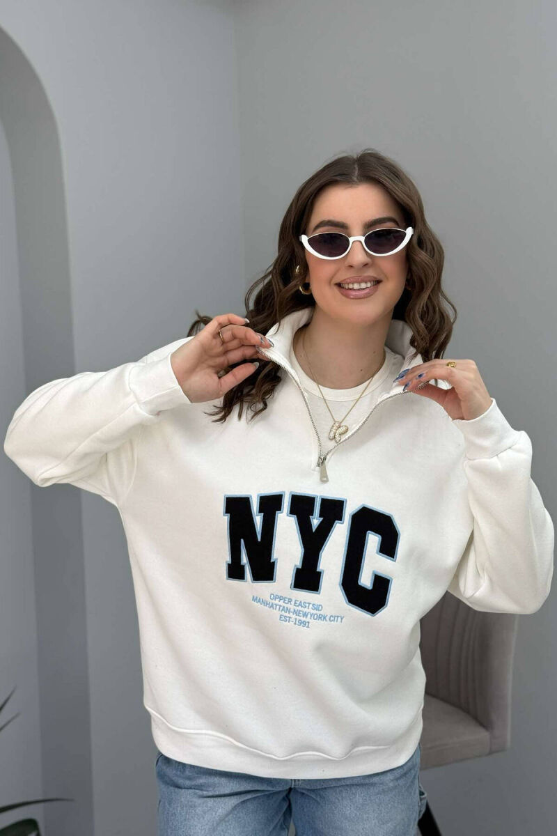 NYC WRITTING FLUFFY ZIPPER NECK WOMEN SWEATSHIRT IN WHITE COLOR - 7