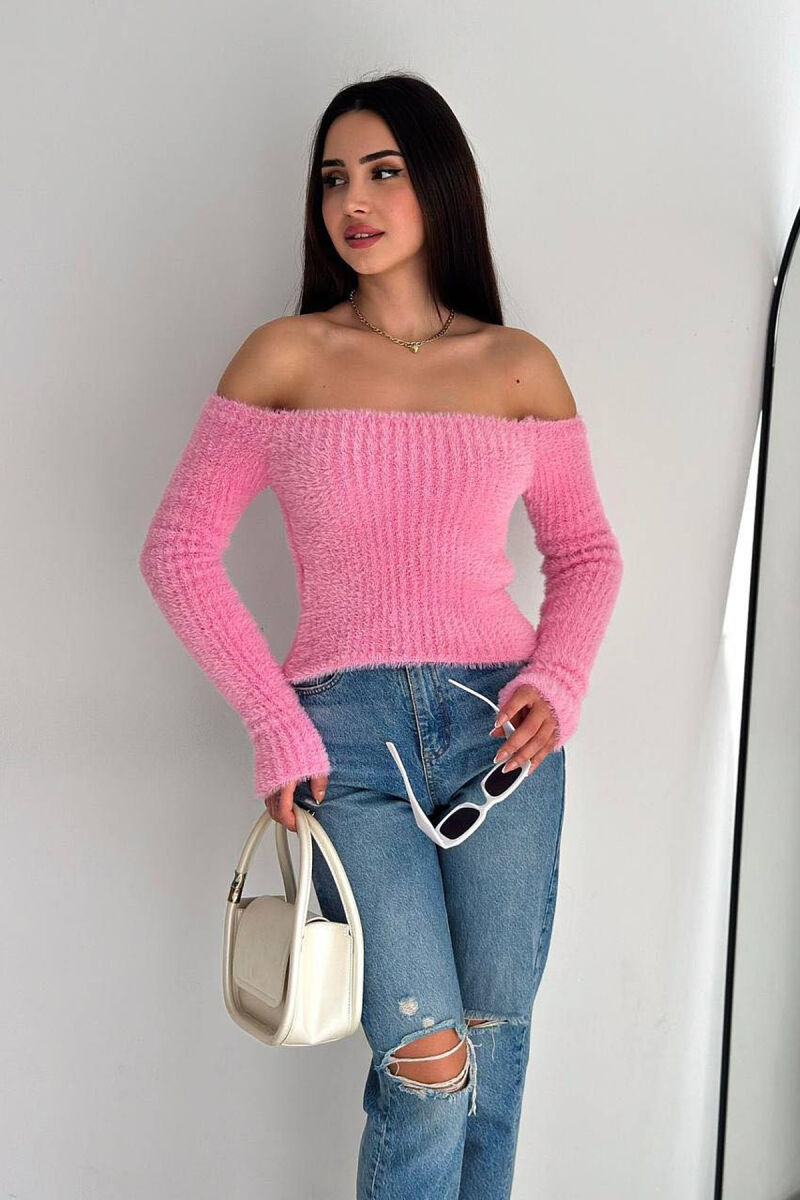 OFF SHOULDER ONE COLOR WOMAN BLOUSE BABY PINK/ROZB - 1