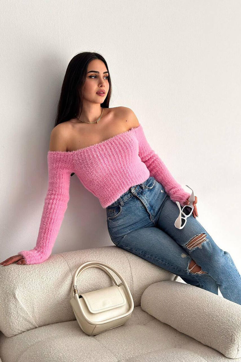 OFF SHOULDER ONE COLOR WOMAN BLOUSE BABY PINK/ROZB - 2