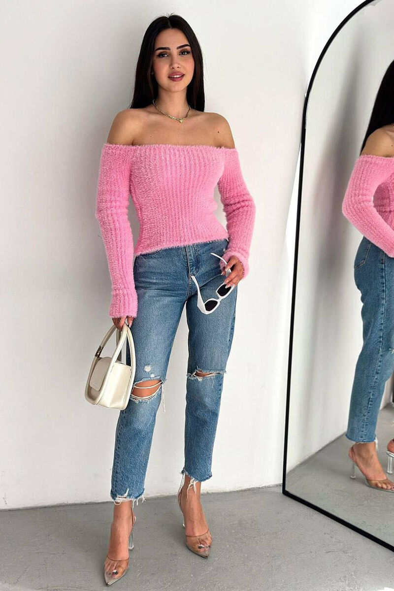 OFF SHOULDER ONE COLOR WOMAN BLOUSE BABY PINK/ROZB - 4