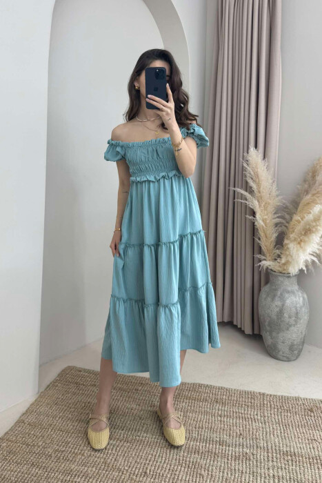 OFF SHOULDER ONE COLOR WOMEN DRESS BLUE STONE/GK 