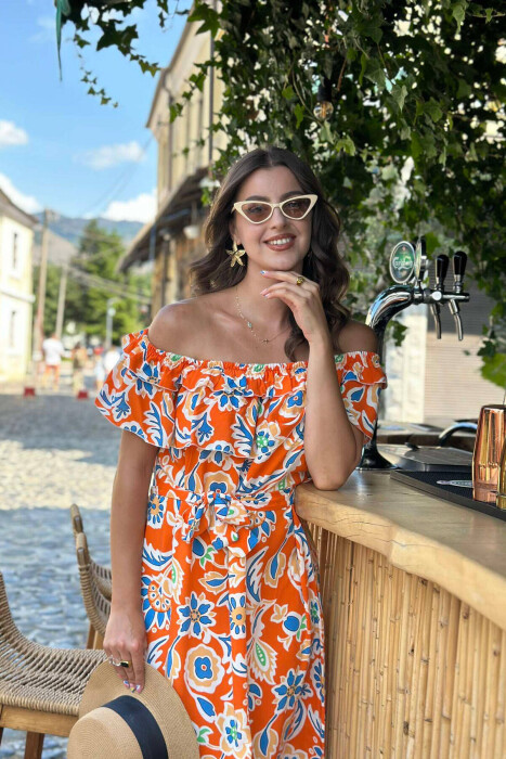 OFF SHOULDER WOMEN DRESS BLUE/ORANGE-BLPO - 1