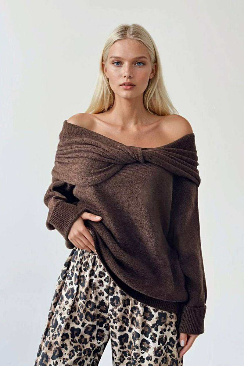 OFF SHOULDERS ONE COLOR WOMEN CARDIGAN DARK BROWN/KAE - 1
