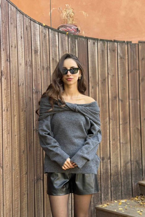 OFF SHOULDERS ONE COLOR WOMEN CARDIGAN DARK GREY/GEE - 2