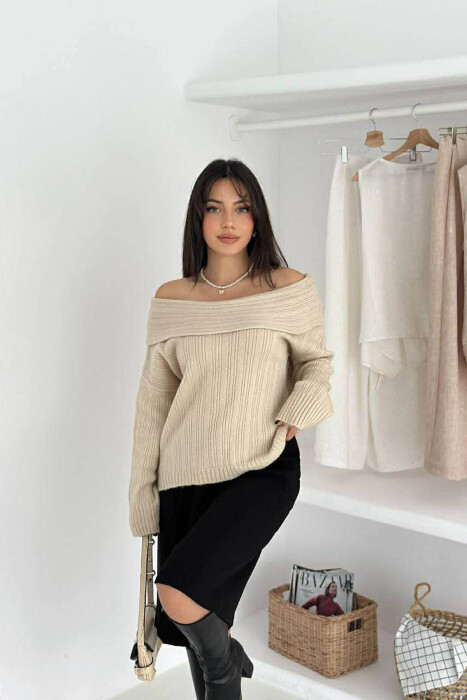 OFF SHOULDERS ONE COLOR WOMEN SWEATER BEIGE/BEZHE - 3