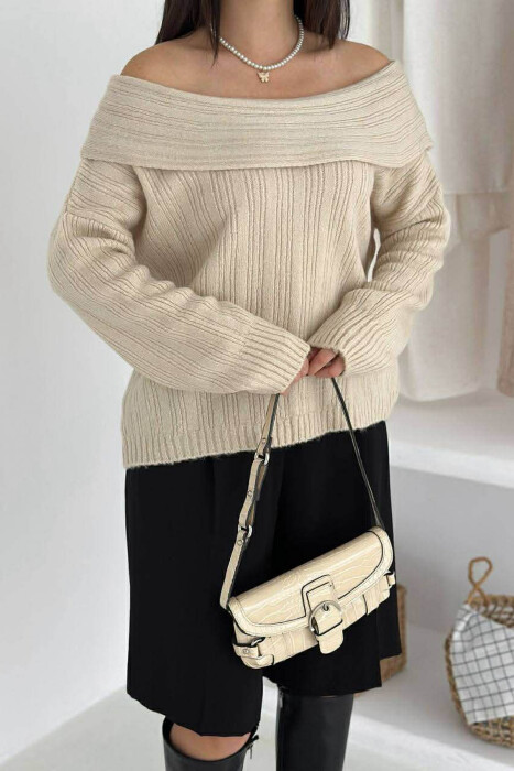 OFF SHOULDERS ONE COLOR WOMEN SWEATER BEIGE/BEZHE - 4
