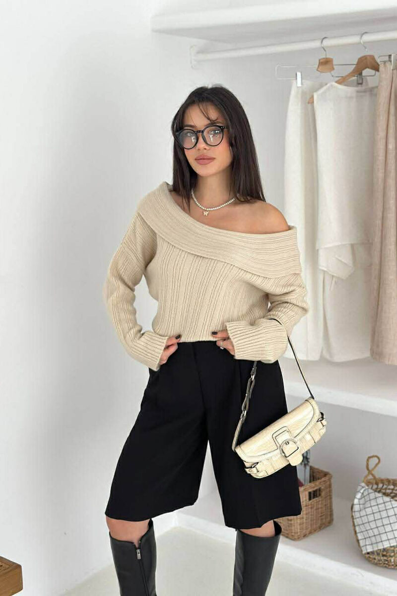 OFF SHOULDERS ONE COLOR WOMEN SWEATER BEIGE/BEZHE - 5