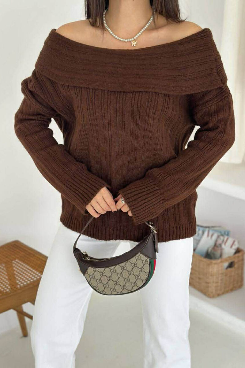 OFF SHOULDERS ONE COLOR WOMEN SWEATER BROWN/KAFE - 1