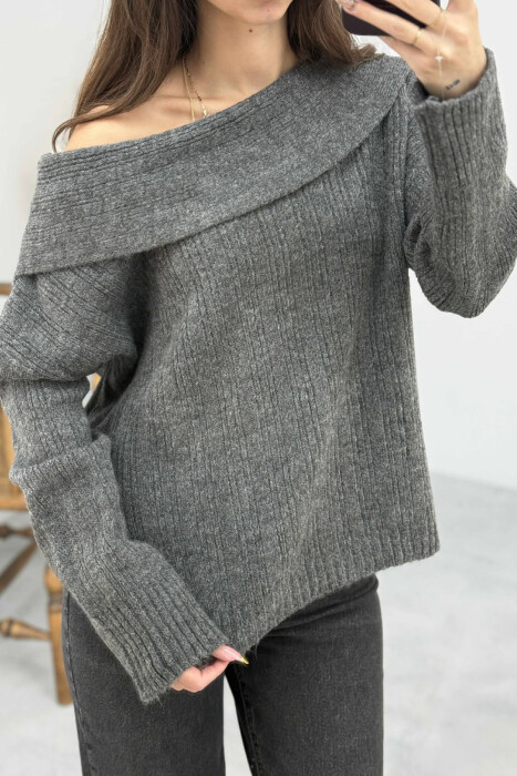 OFF SHOULDERS ONE COLOR WOMEN SWEATER DARK GREY/GEE 
