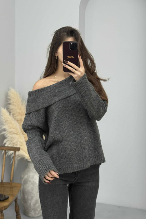 OFF SHOULDERS ONE COLOR WOMEN SWEATER DARK GREY/GEE - 5