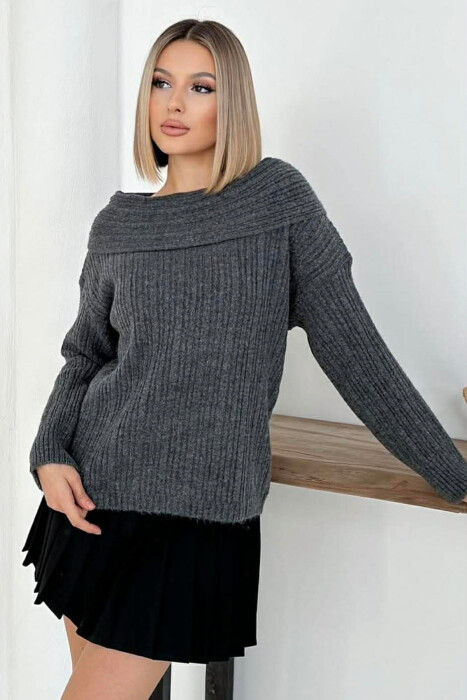 OFF SHOULDERS ONE COLOR WOMEN SWEATER DARK GREY/GEE - 3
