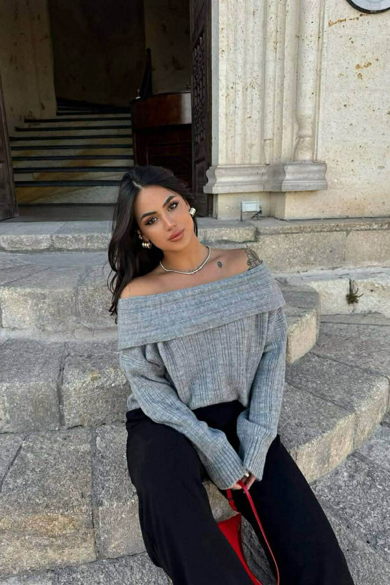 OFF SHOULDERS ONE COLOR WOMEN SWEATER GREY/GRI - 1