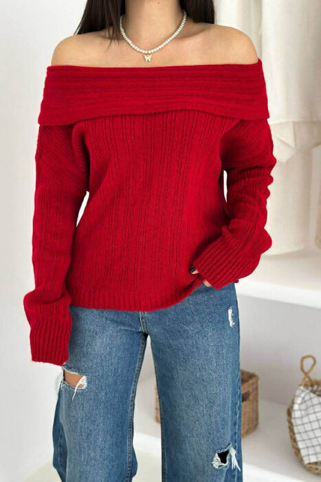 OFF SHOULDERS ONE COLOR WOMEN SWEATER RED/E KUQE 