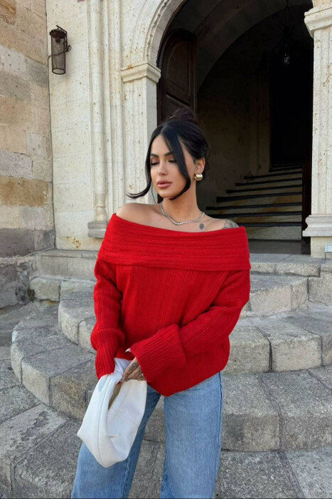 OFF SHOULDERS ONE COLOR WOMEN SWEATER RED/E KUQE - 2