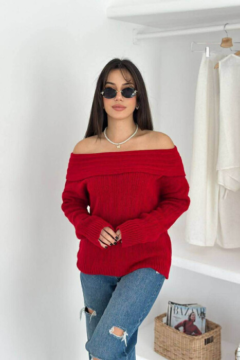 OFF SHOULDERS ONE COLOR WOMEN SWEATER RED/E KUQE - 3