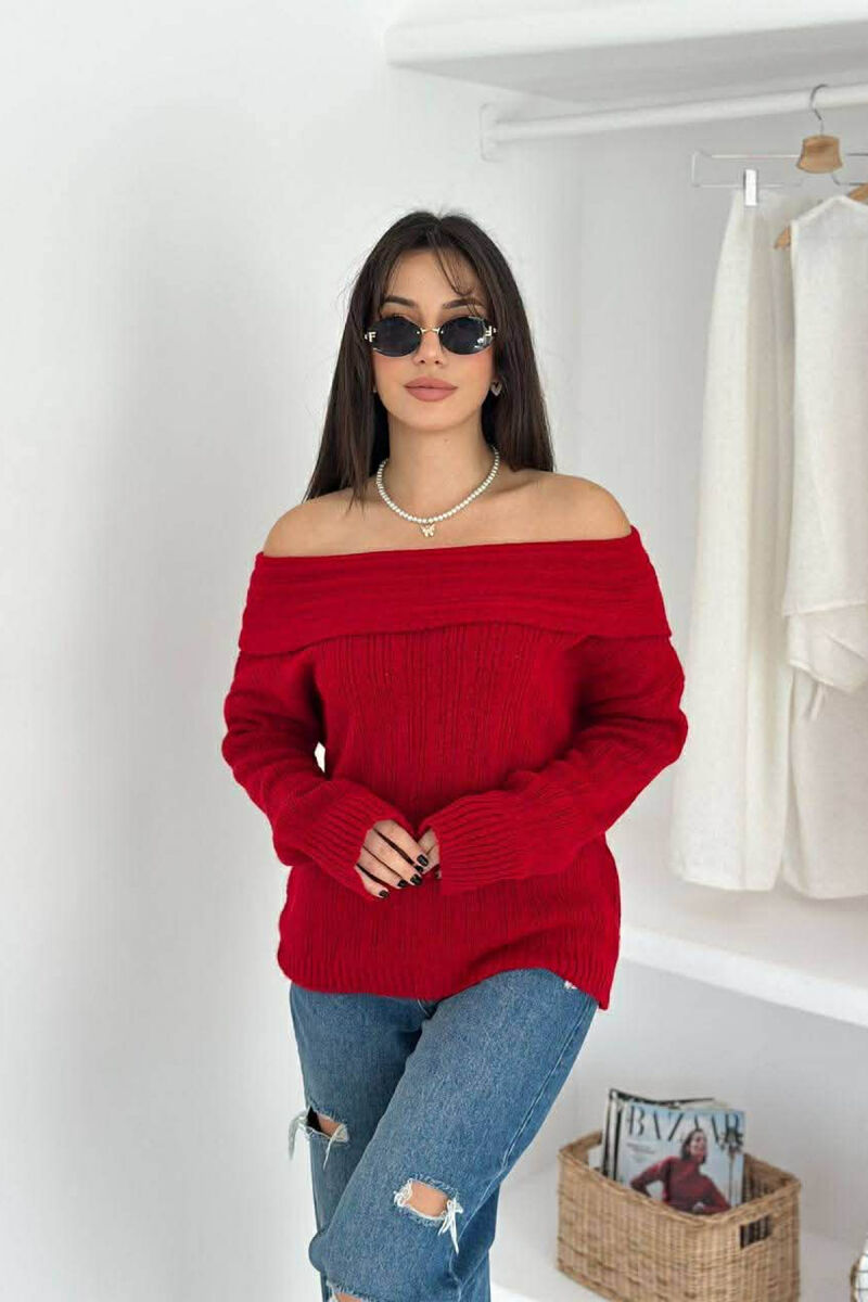OFF SHOULDERS ONE COLOR WOMEN SWEATER RED/E KUQE - 3